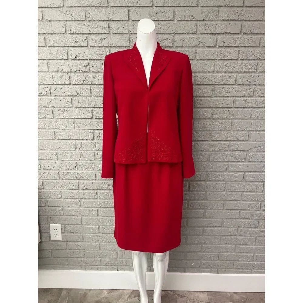 Positive Attitude Women Embroidered Red 2 Piece Skirt Suit Size 6
